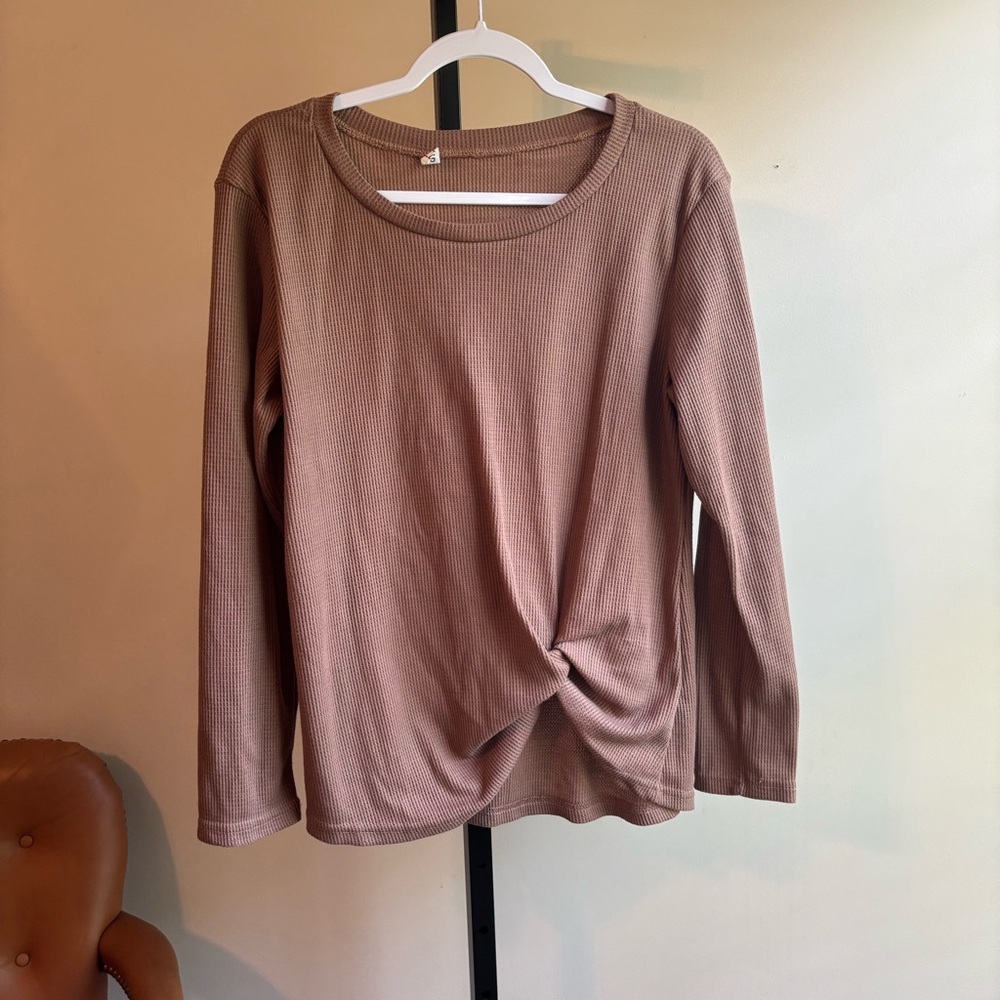 Casual Long Sleeve Knotted Top - Tan